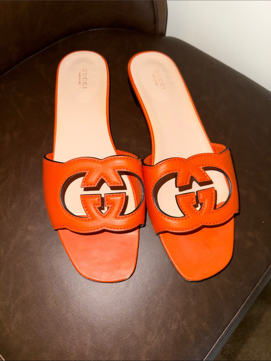 Gucci Orange Leather Gg Cutout Slide Sandals